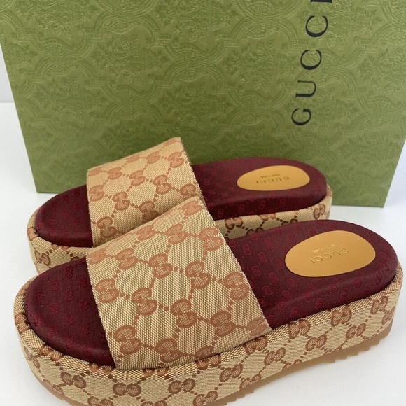 Gucci Women's Tan and Burgundy Platform Slides - Picture 1 of 2